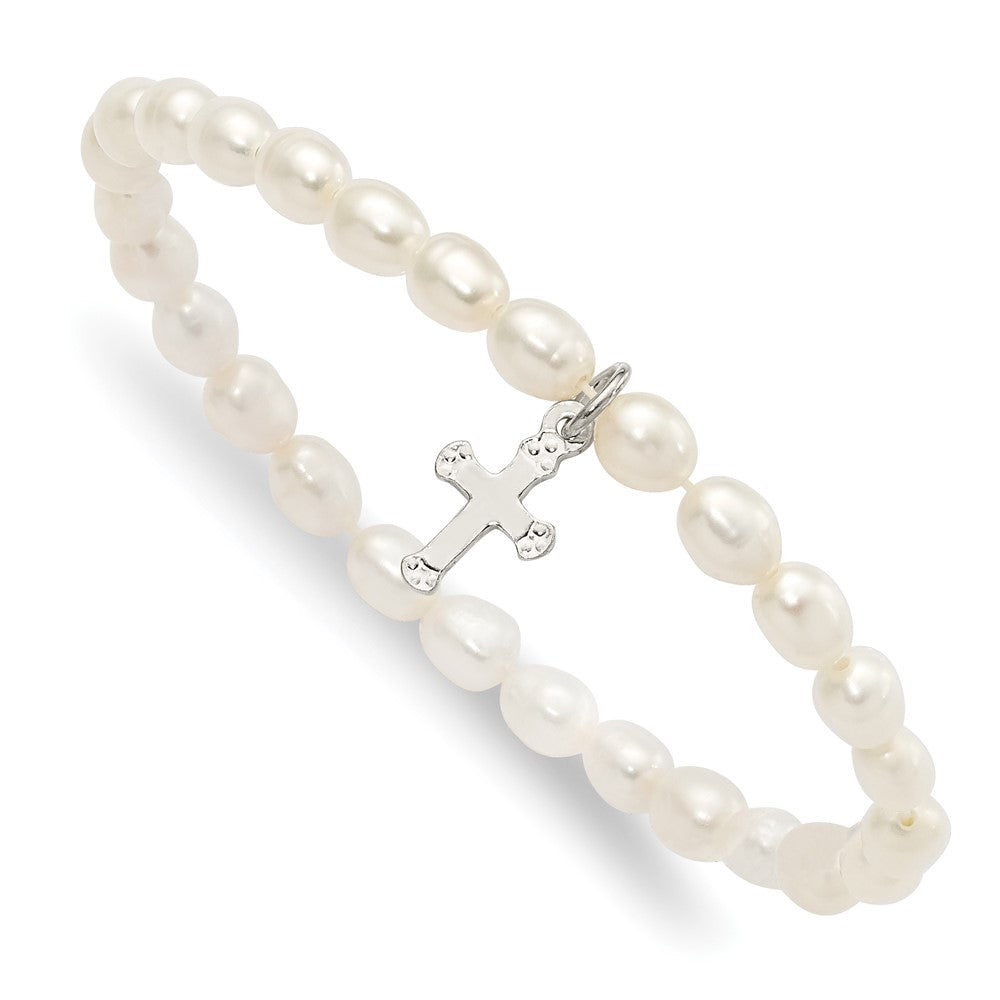 Sterling Silver Cross and Polished FWC Pearl 45mm Stretch Bracelet