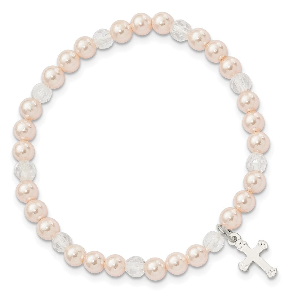 Sterling Silver Cross and Pink Shell Bead & Crystal 45mm Stretch Bracelet