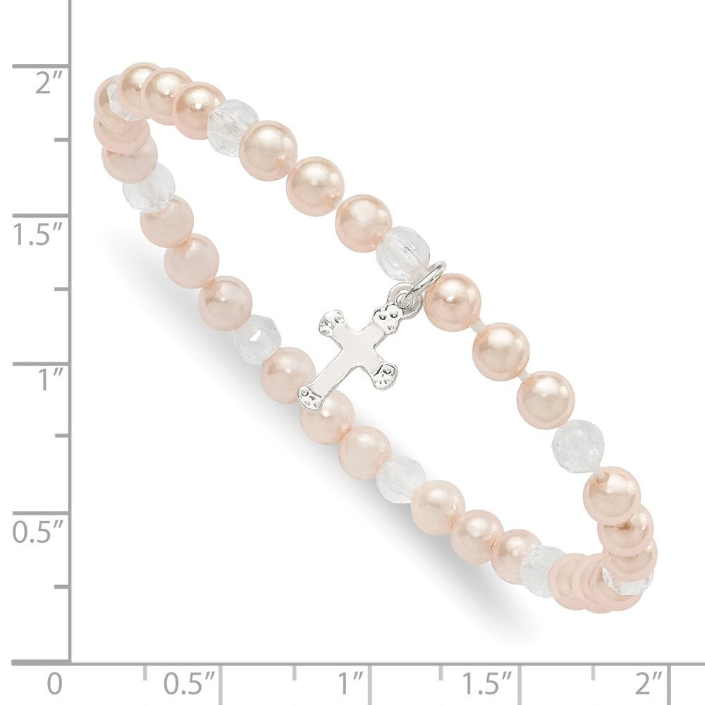 Sterling Silver Cross and Pink Shell Bead & Crystal 45mm Stretch Bracelet