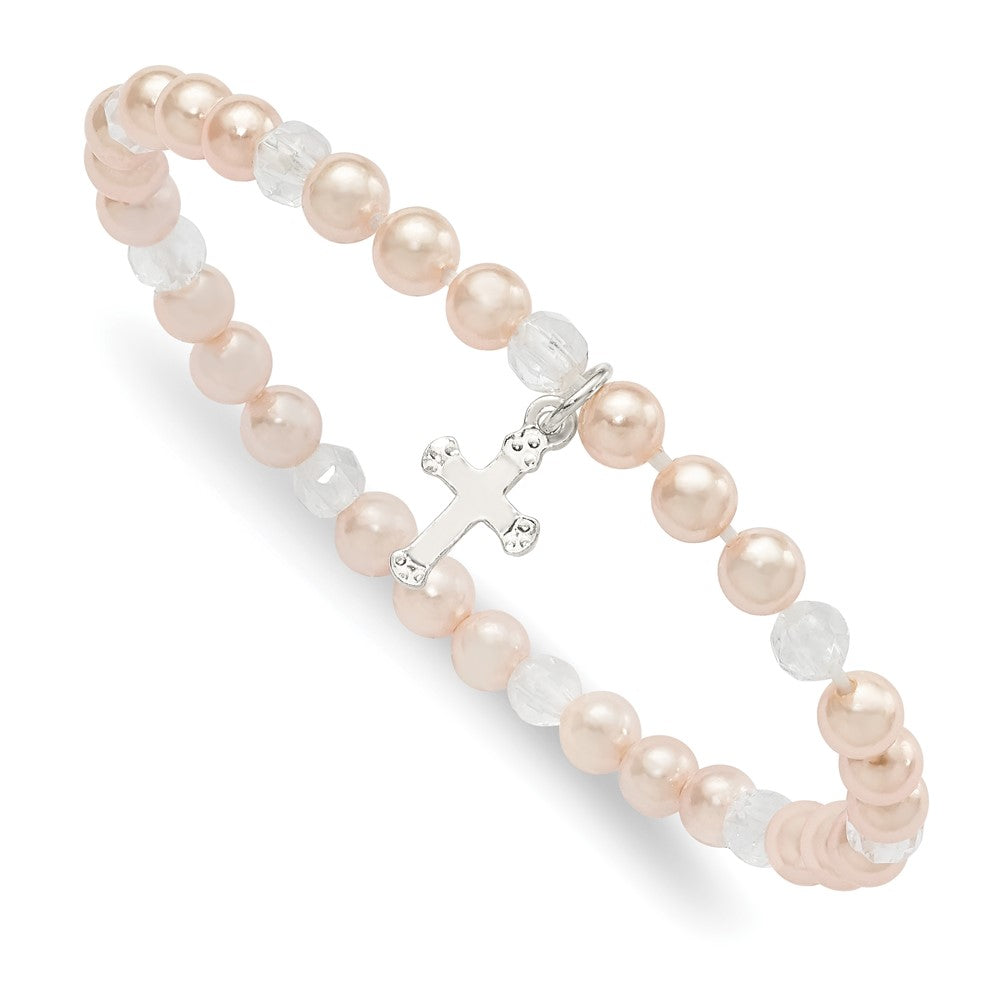 Sterling Silver Cross and Pink Shell Bead & Crystal 45mm Stretch Bracelet