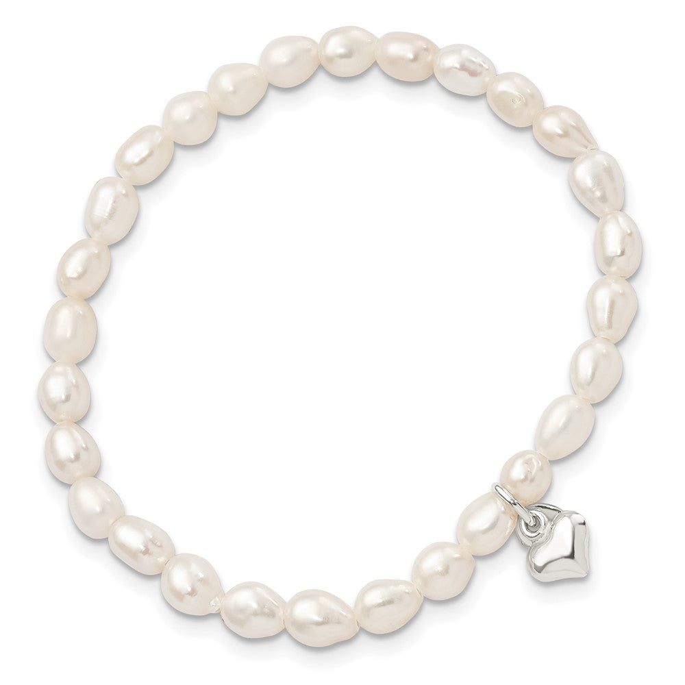 Sterling Silver Heart and Polished FWC Pearl 45mm Stretch Bracelet