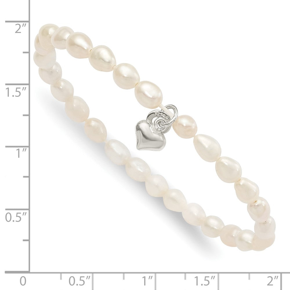 Sterling Silver Heart and Polished FWC Pearl 45mm Stretch Bracelet