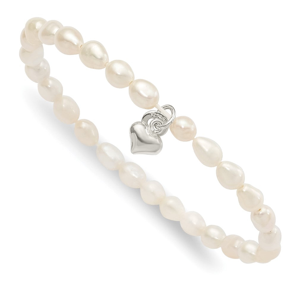 Sterling Silver Heart and Polished FWC Pearl 45mm Stretch Bracelet