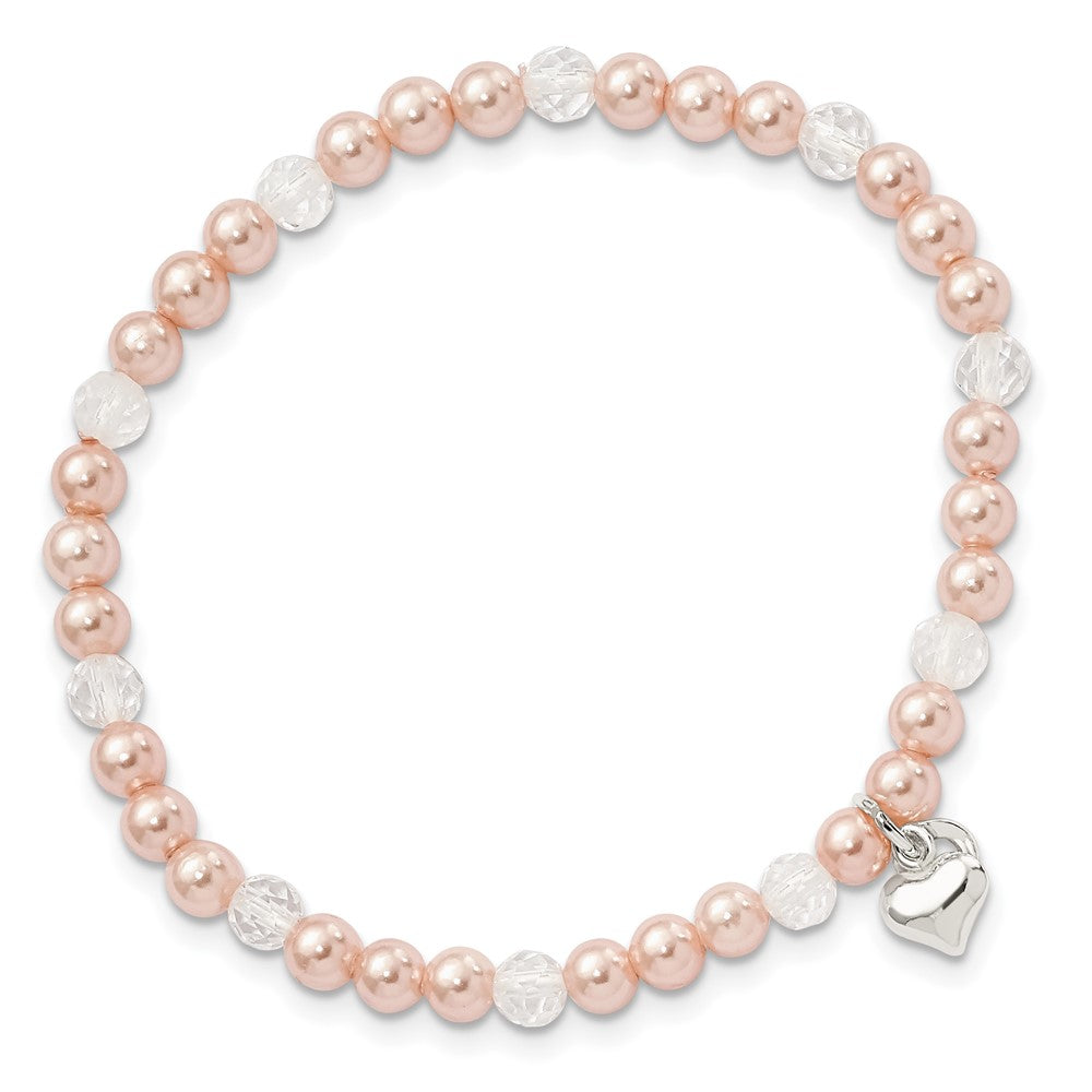 Sterling Silver Heart Pink Shell Bead and Crystal 45mm Stretch Bracelet
