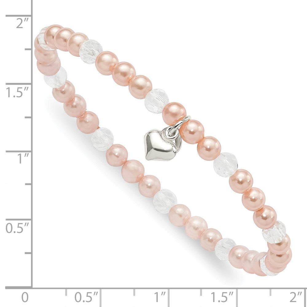 Sterling Silver Heart Pink Shell Bead and Crystal 45mm Stretch Bracelet