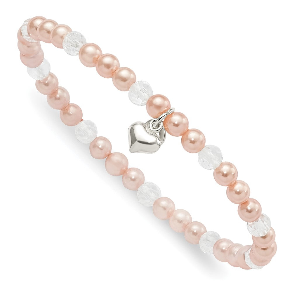 Sterling Silver Heart Pink Shell Bead and Crystal 45mm Stretch Bracelet