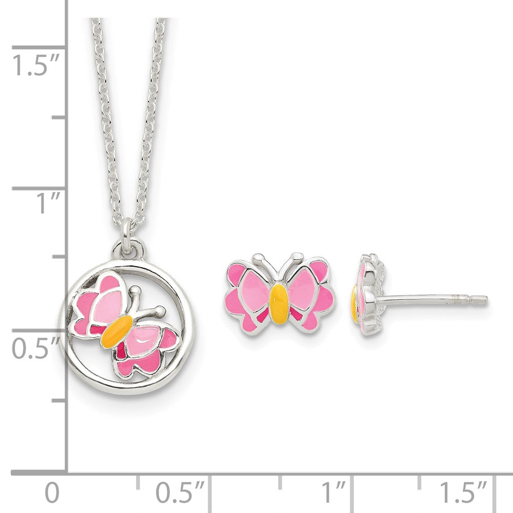 Sterling Silver Polished Enameled Butterfly Earrings & Necklace Set