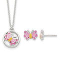 Sterling Silver Polished Enameled Butterfly Earrings & Necklace Set