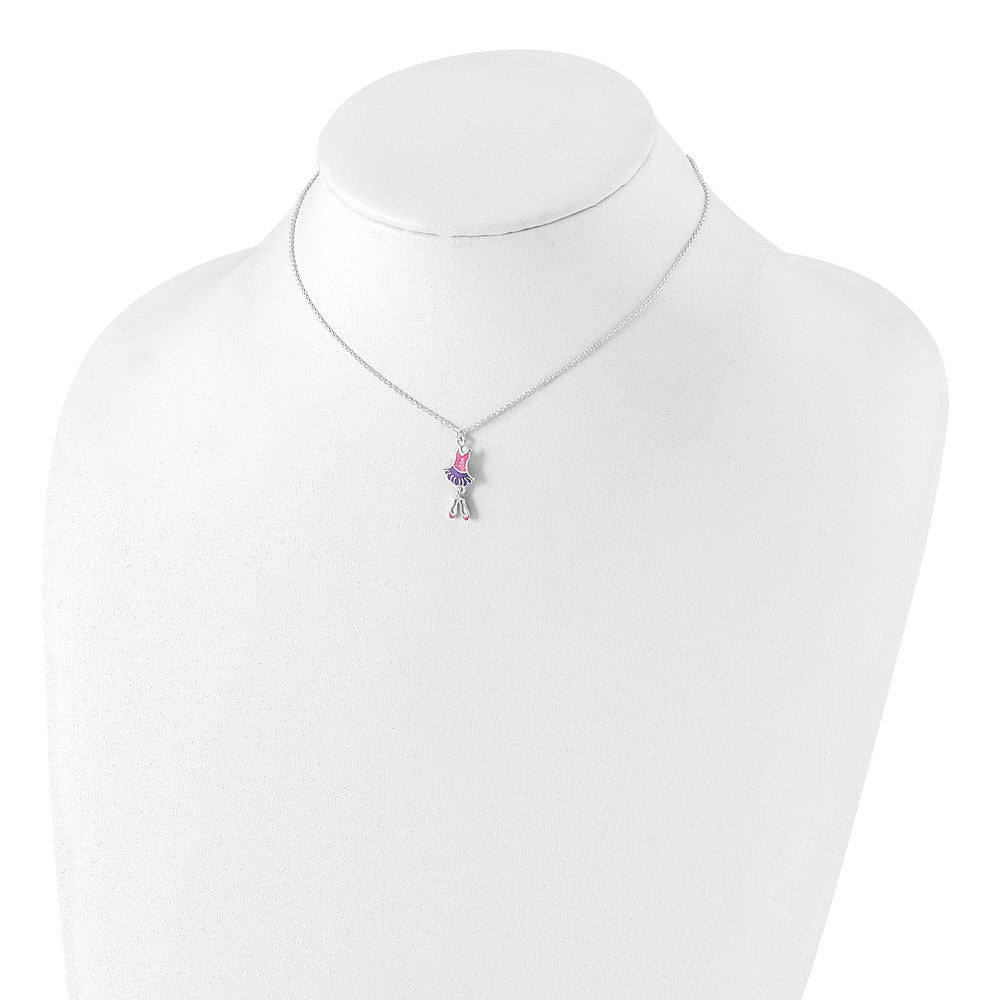 Sterling Silver Polished Enameled Ballerina 14in Necklace & Earring Set