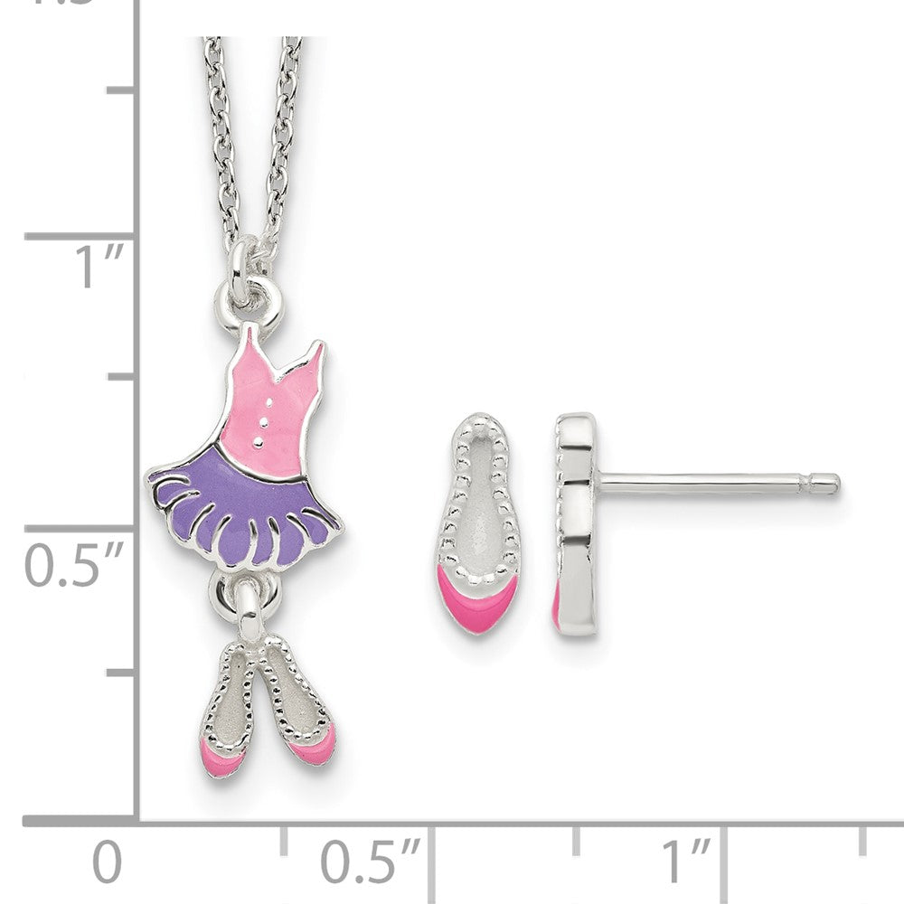 Sterling Silver Polished Enameled Ballerina 14in Necklace & Earring Set