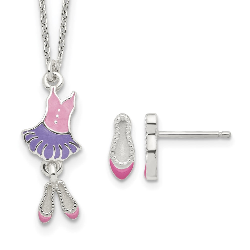Sterling Silver Polished Enameled Ballerina 14in Necklace & Earring Set