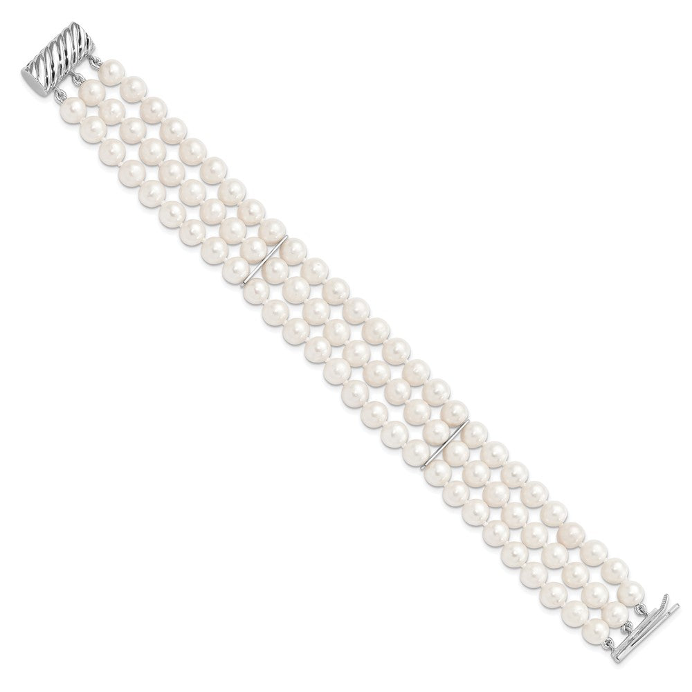 Sterling Silver Rhodium-plt 6-7mm White FWC Pearl 3 Strand Bracelet