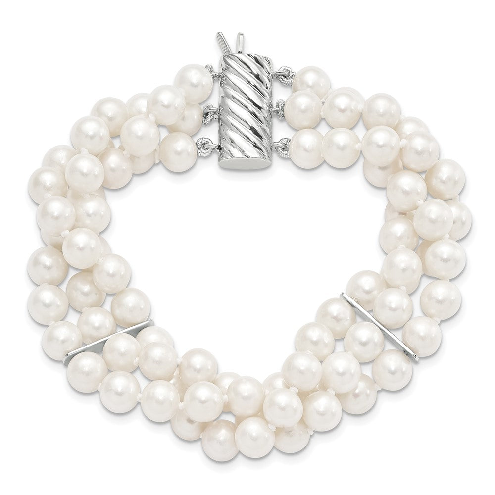 Sterling Silver Rhodium-plt 6-7mm White FWC Pearl 3 Strand Bracelet