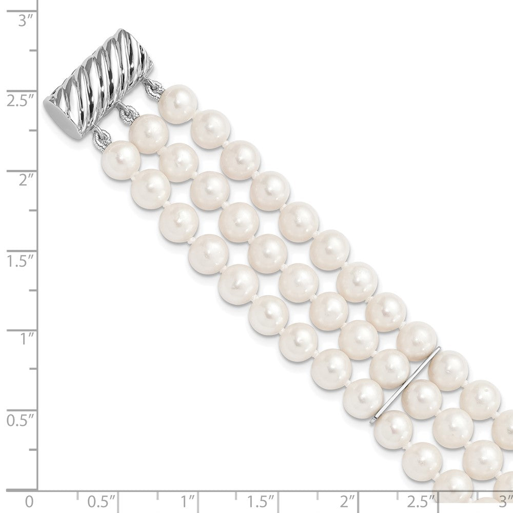 Sterling Silver Rhodium-plt 6-7mm White FWC Pearl 3 Strand Bracelet