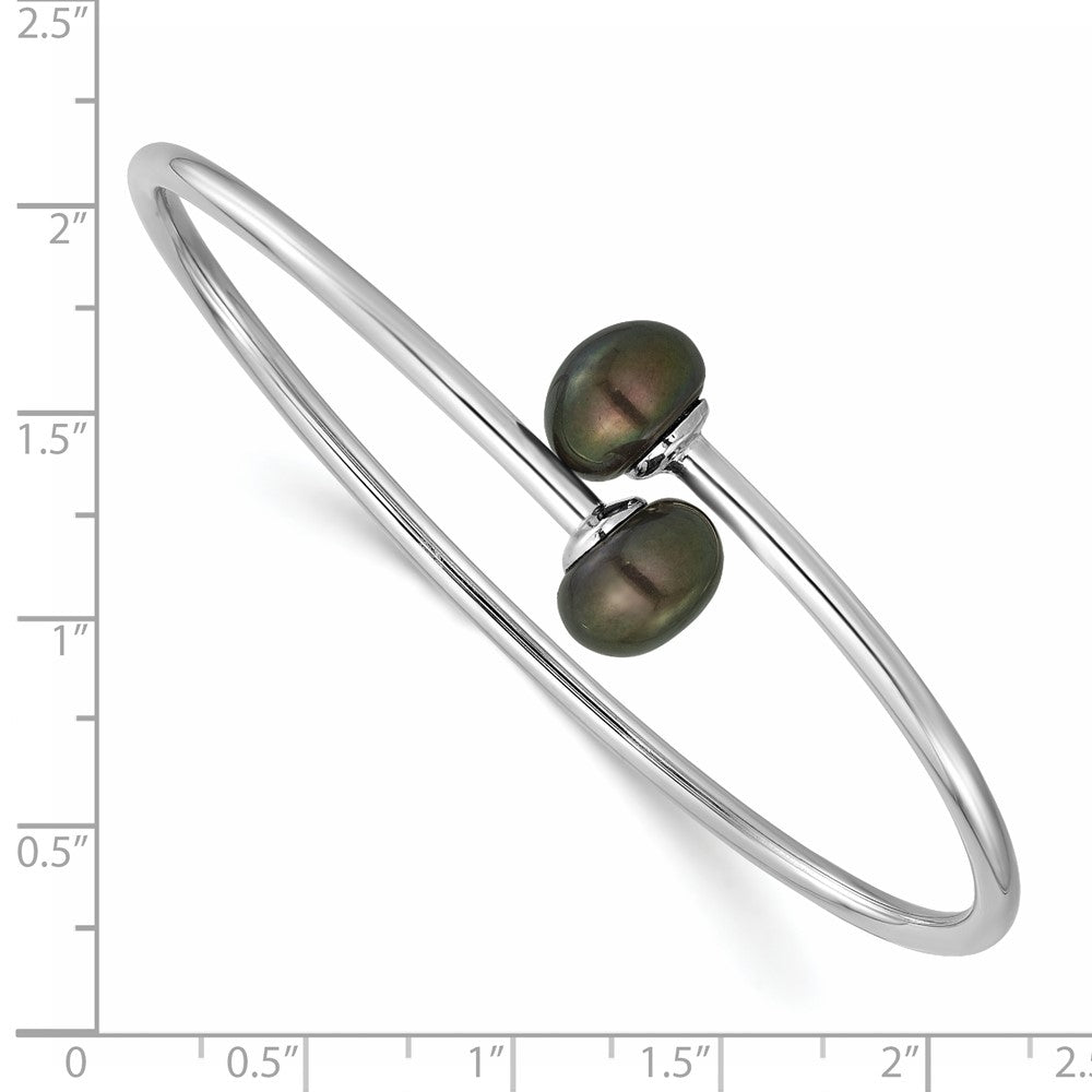 Sterling Silver Rh-plated 9-10mm Black Button FWC Flexible Bangle