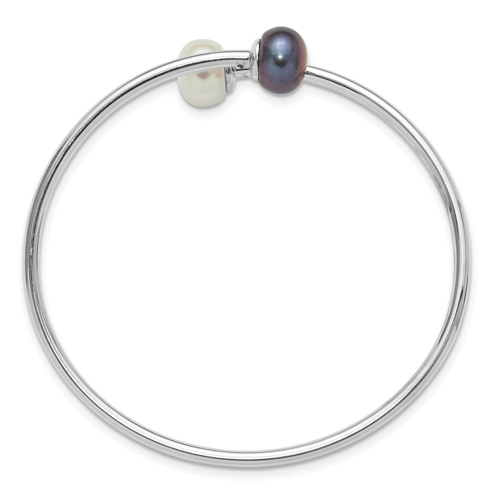 Sterling Silver RH-plated 9-10mm Black/White FWC Pearl Flexible Bangle