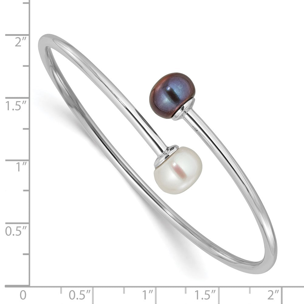 Sterling Silver RH-plated 9-10mm Black/White FWC Pearl Flexible Bangle