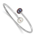 Sterling Silver RH-plated 9-10mm Black/White FWC Pearl Flexible Bangle