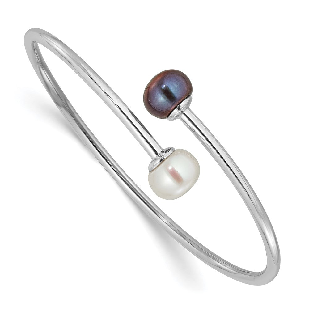 Sterling Silver RH-plated 9-10mm Black/White FWC Pearl Flexible Bangle