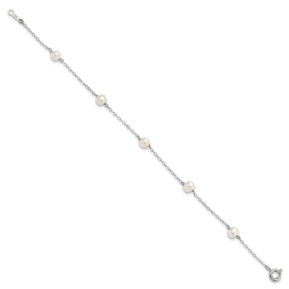 Sterling Silver RH-plated 4-5mm White Semi Rnd FWC Pearl 5 Station Bracelet