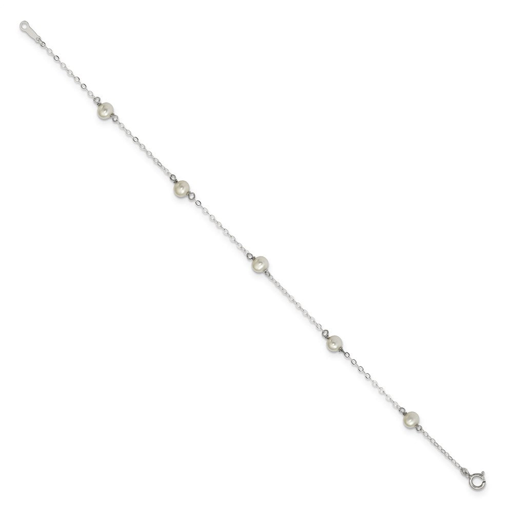 Sterling Silver RH-plated 4-5mm White Semi Rnd FWC Pearl 5 Station Bracelet