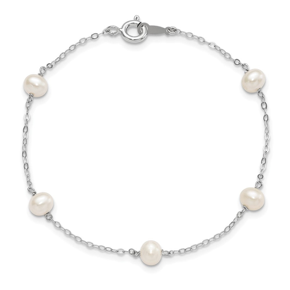 Sterling Silver RH-plated 4-5mm White Semi Rnd FWC Pearl 5 Station Bracelet