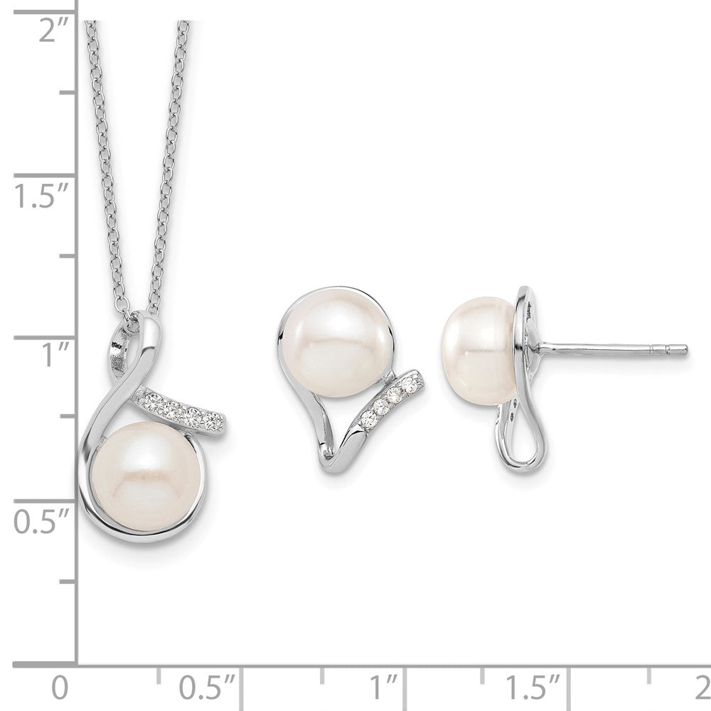 Sterling Silver Rhodium-plated 8-10mm FWC Pearl CZ Earring/Necklace Set
