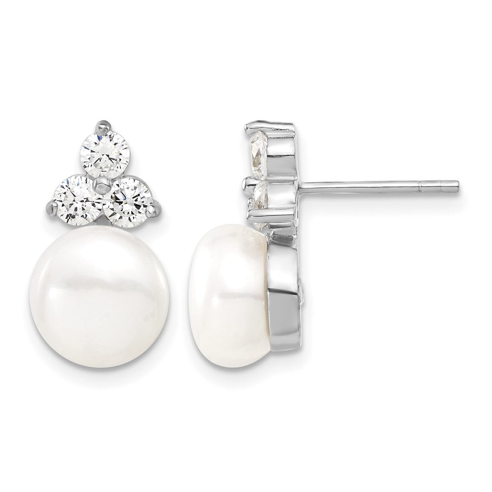 Sterling Silver Rhodium-plated 9-10mm Coin FWCPearl CZ Earring/Necklace Set