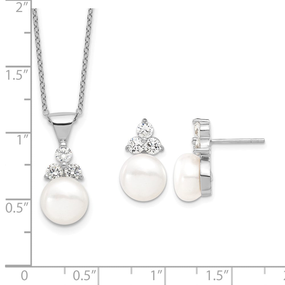 Sterling Silver Rhodium-plated 9-10mm Coin FWCPearl CZ Earring/Necklace Set