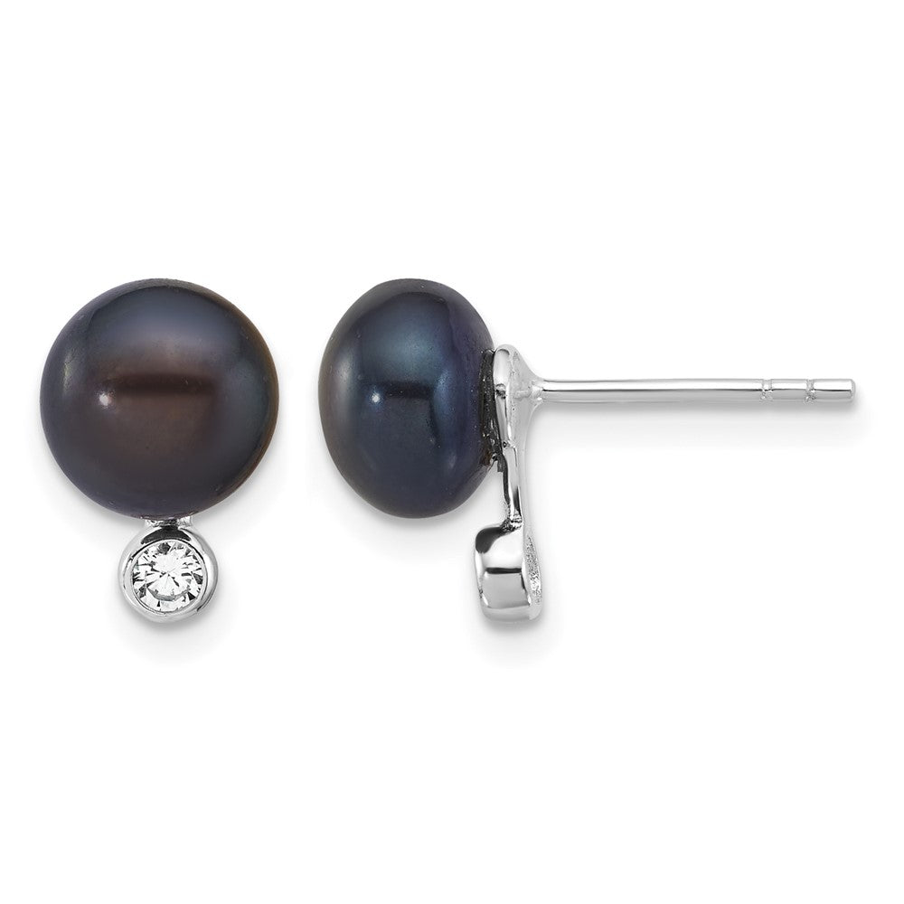 Sterling Silver Rhod Black FWC Pearl & CZ 17in Necklace/Earring Set