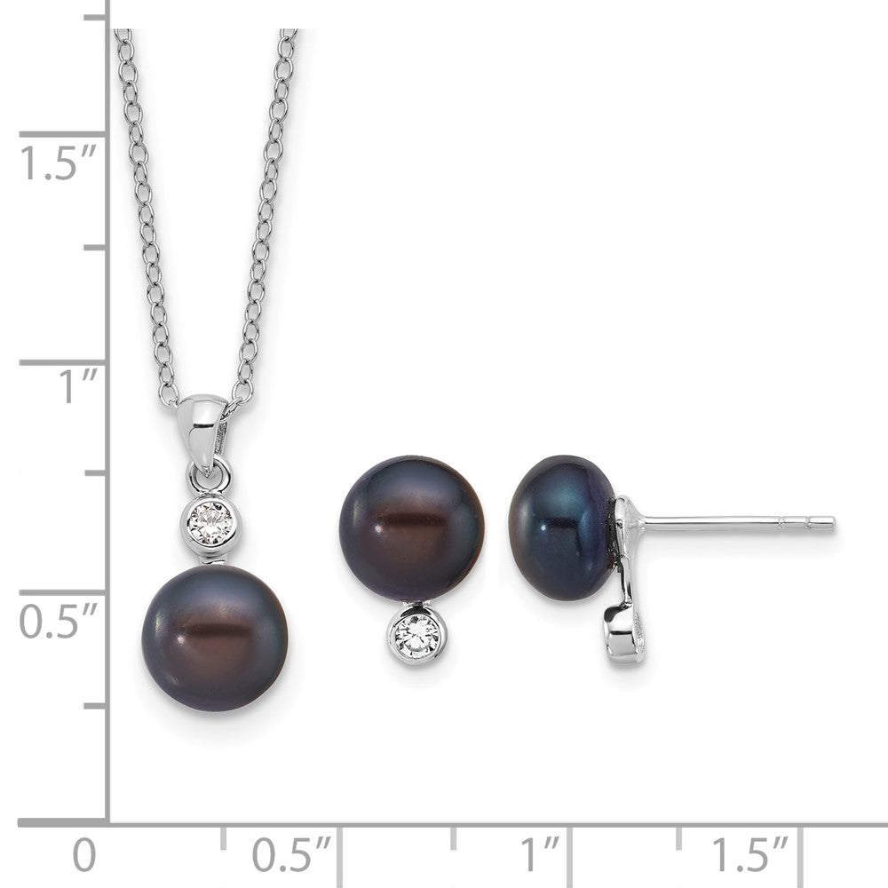 Sterling Silver Rhod Black FWC Pearl & CZ 17in Necklace/Earring Set