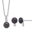 Sterling Silver Rhod Black FWC Pearl & CZ 17in Necklace/Earring Set