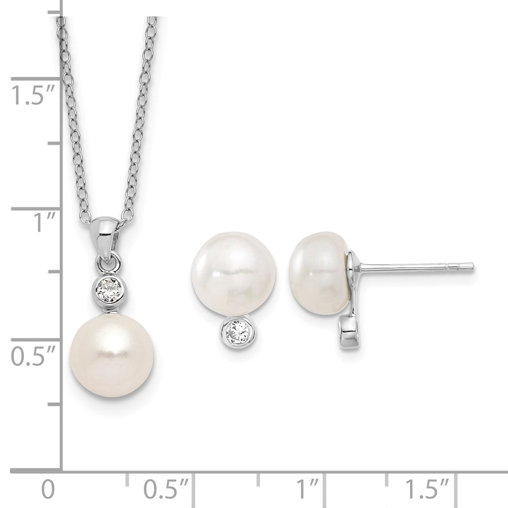 Sterling Silver Rhodium-plated 8-9mm FWC Pearl CZ Earring/Necklace Set