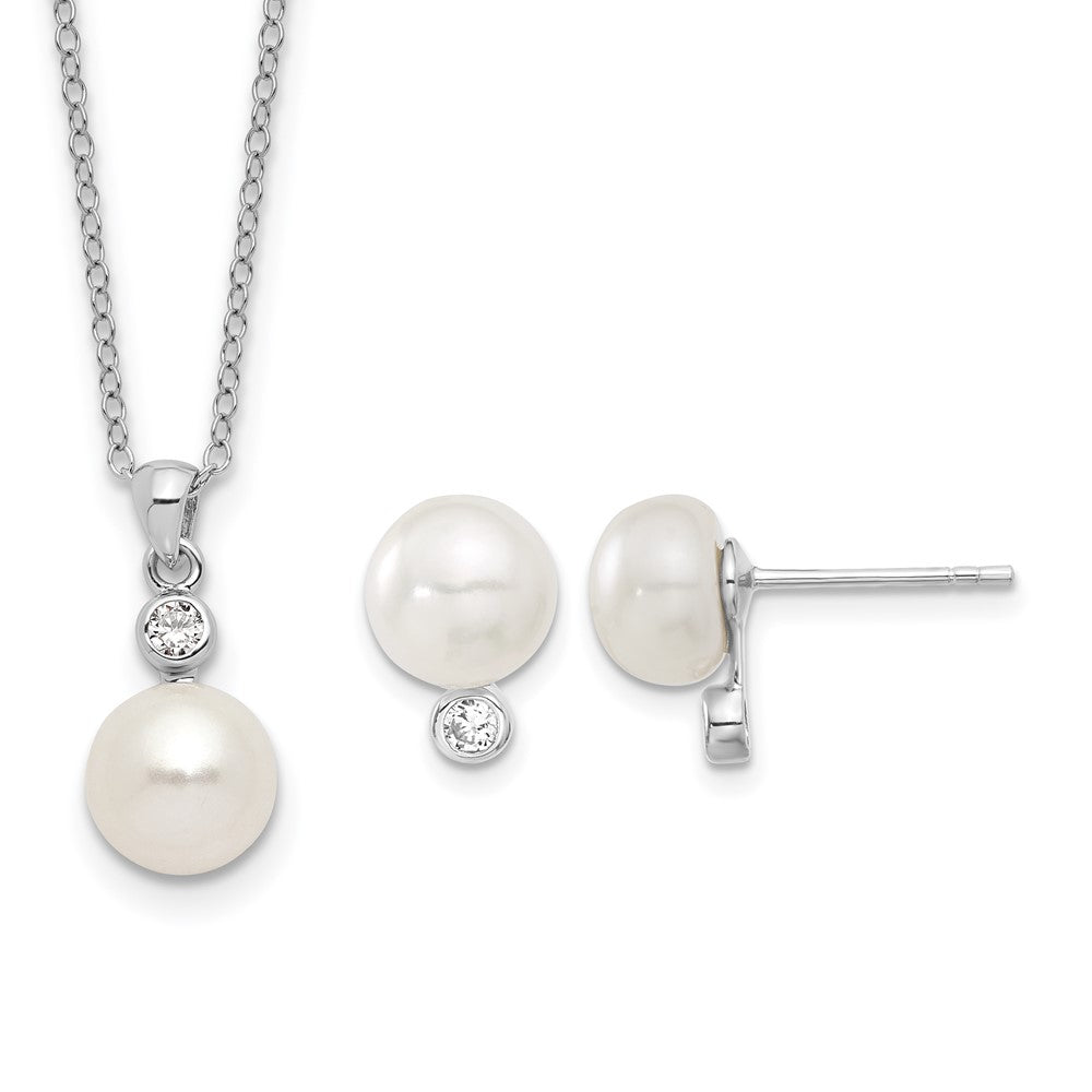 Sterling Silver Rhodium-plated 8-9mm FWC Pearl CZ Earring/Necklace Set