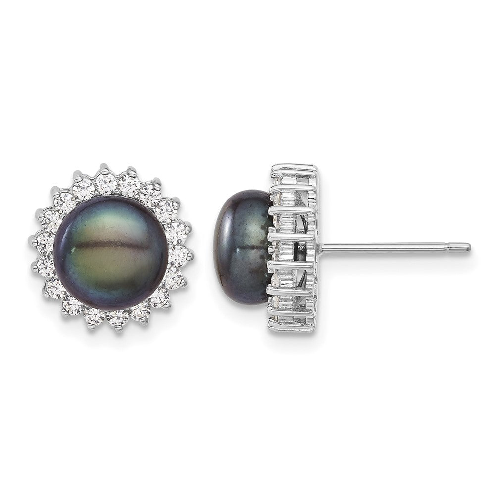 Sterling Silver Rhod-plated 8-9mm Black FWC Pearl CZ Earring/Necklace Set