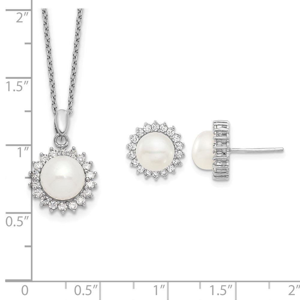 Sterling Silver Rhodium-plated 8-9mm FWC Pearl CZ Earring/Necklace Set