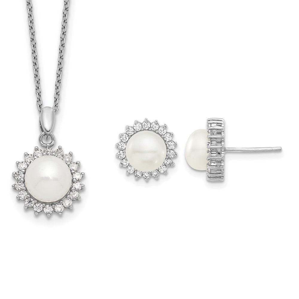 Sterling Silver Rhodium-plated 8-9mm FWC Pearl CZ Earring/Necklace Set