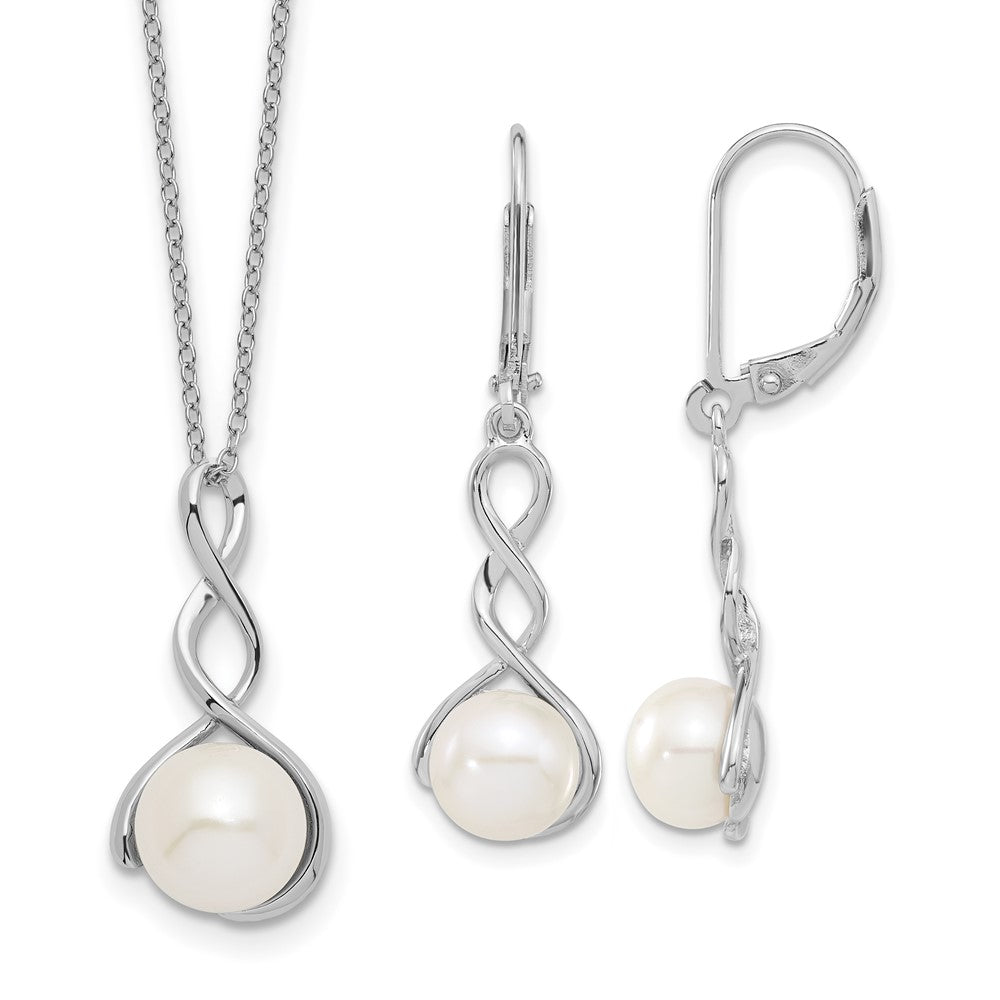 Sterling Silver Rhodium-plated 8-9mm White FWC Pearl Earring/Necklace Set