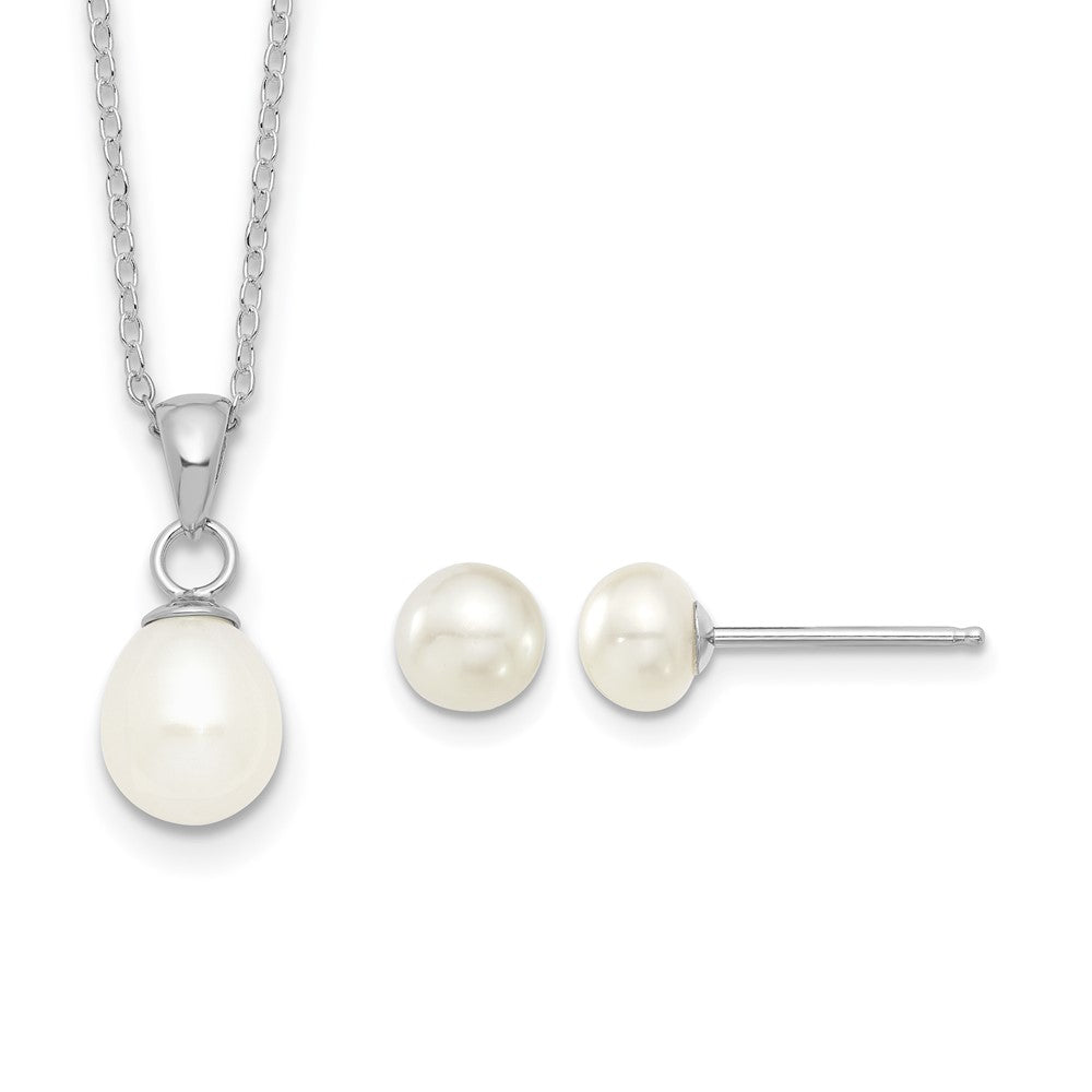 Sterling Silver Rhodium-plated 6-7mm White FWC Pearl Earring/Necklace Set