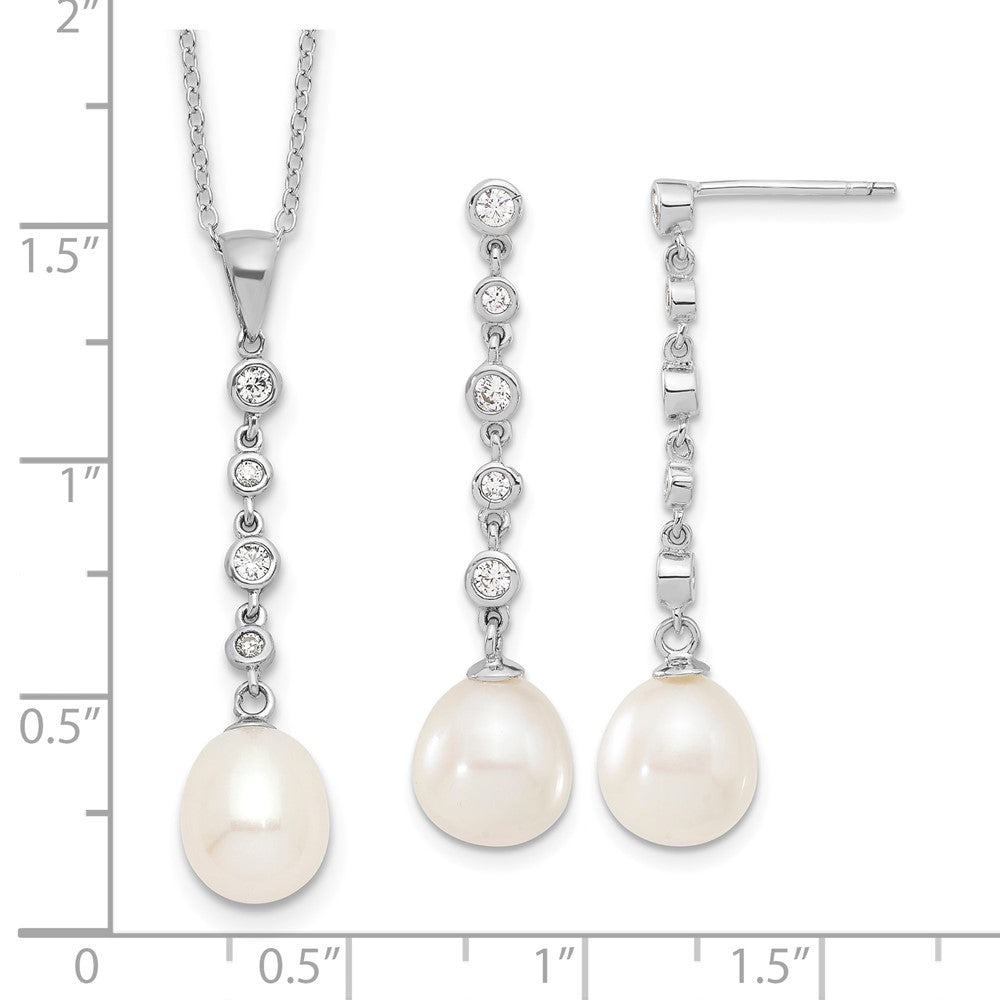 Sterling Silver Rhodium-plated 8-9mm FWC Pearl CZ Earring/Necklace Set