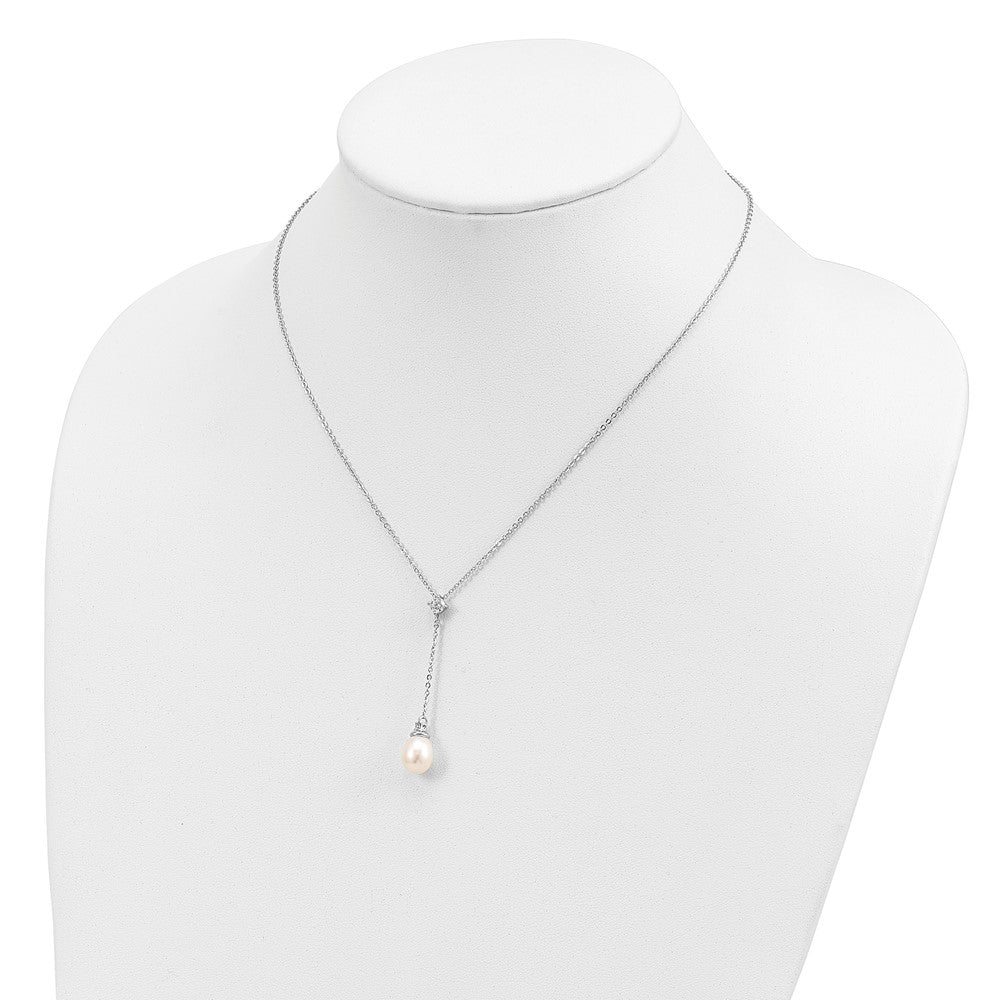 Sterling Silver Rhodium-plated 8-9mm White FWC Pearl CZ Drop Necklace