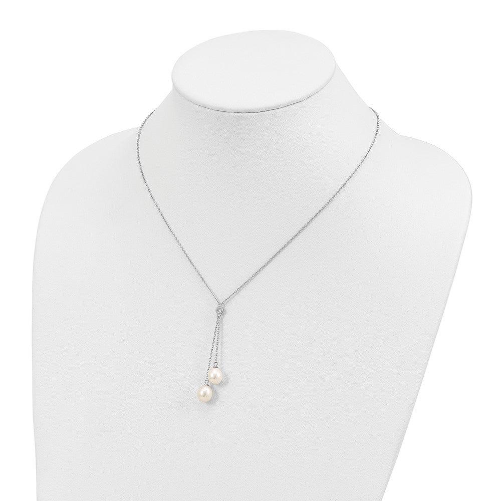 Sterling Silver Rhod-plated 8-9mm White Rice FWC Pearl CZ Dangle Necklace