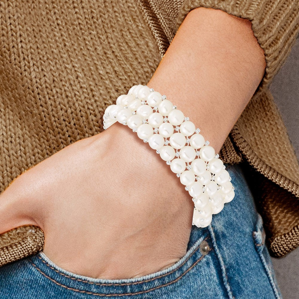 6-7mm Button FWC Pearl and Glass Beaded 3-row Stretch Bracelet