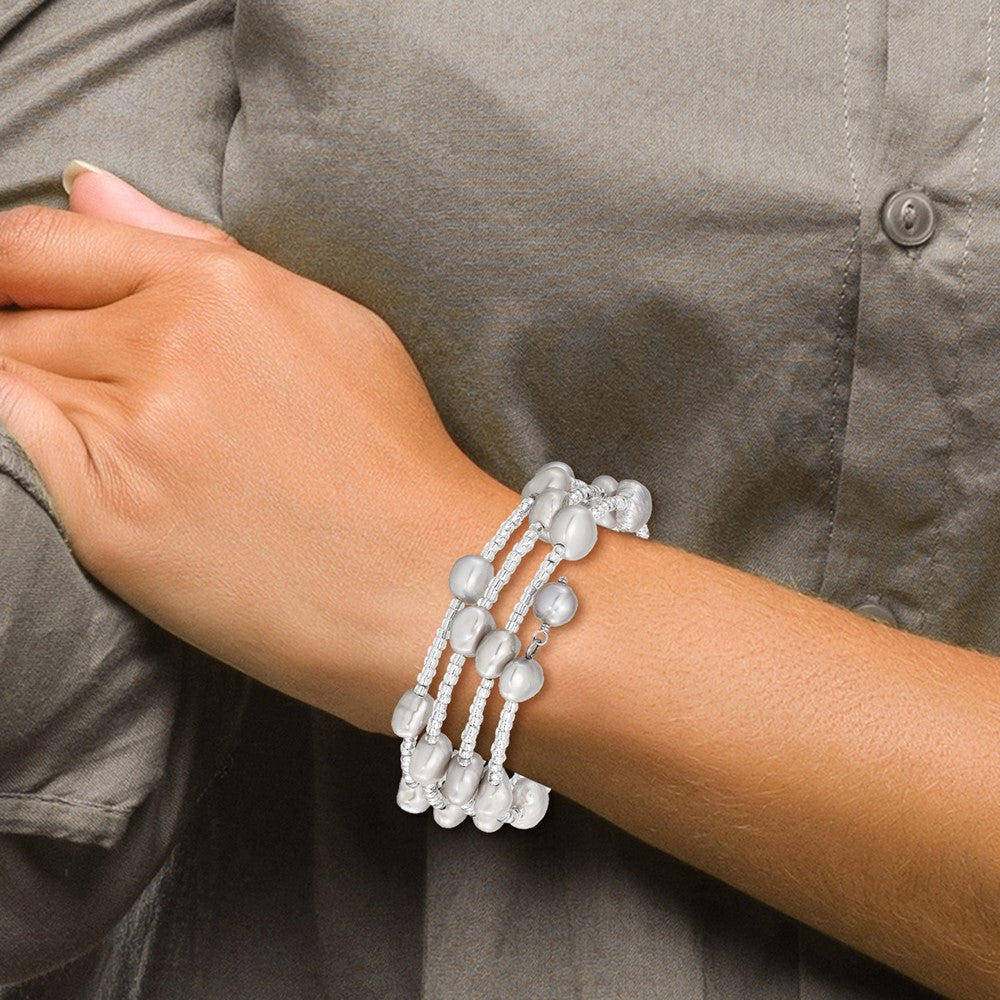 8-9mm Grey Baroque FWC Pearl and Glass Beaded Wrap Bracelet