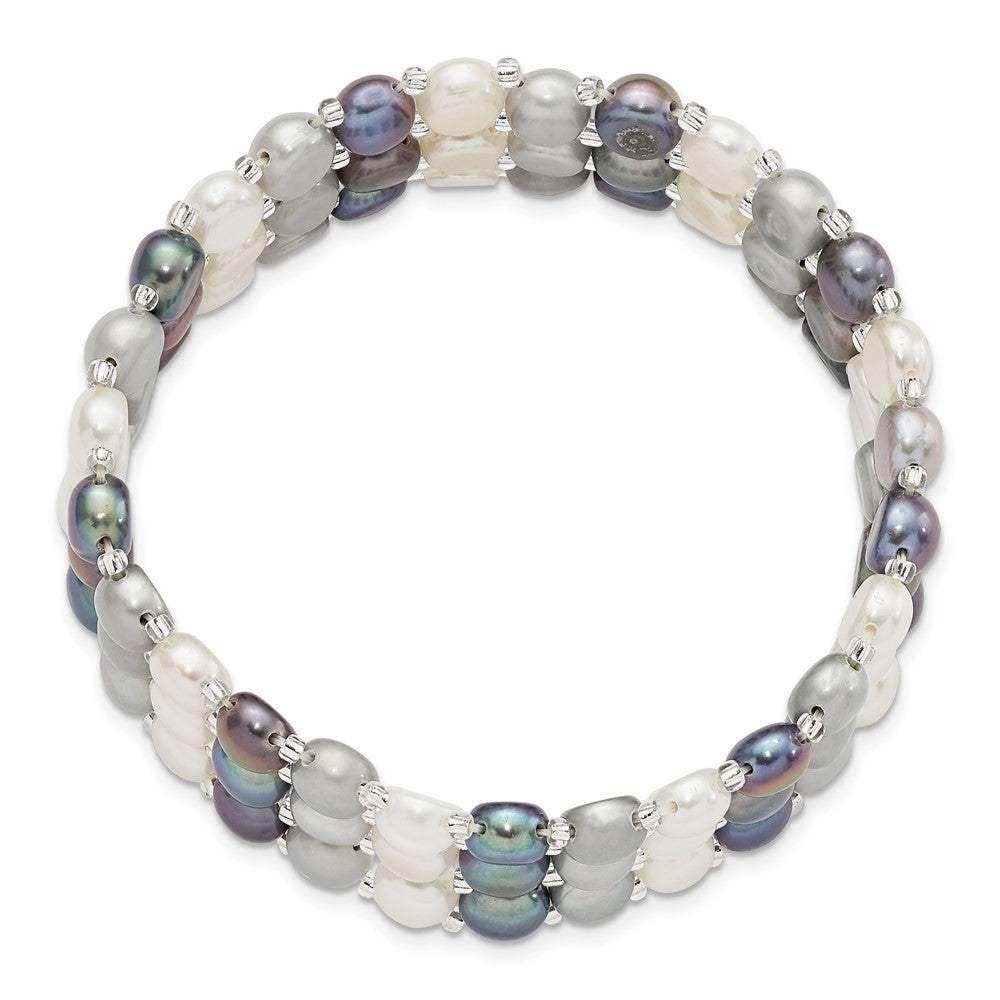6-7mm Button FWC Pearl and Glass Beaded 3-row Stretch Bracelet