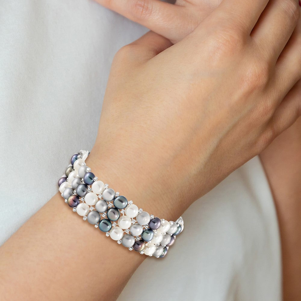 6-7mm Button FWC Pearl and Glass Beaded 3-row Stretch Bracelet