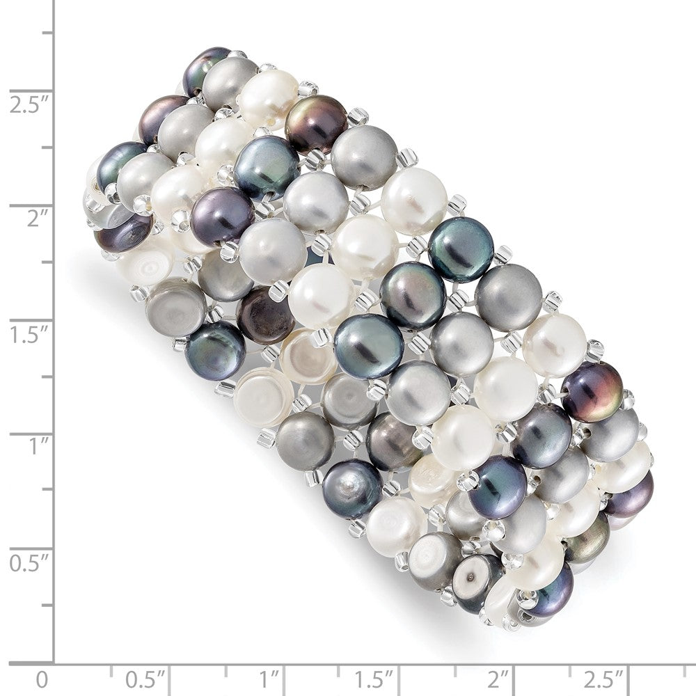 6-7mm Button FWC Pearl and Glass Beaded 3-row Stretch Bracelet