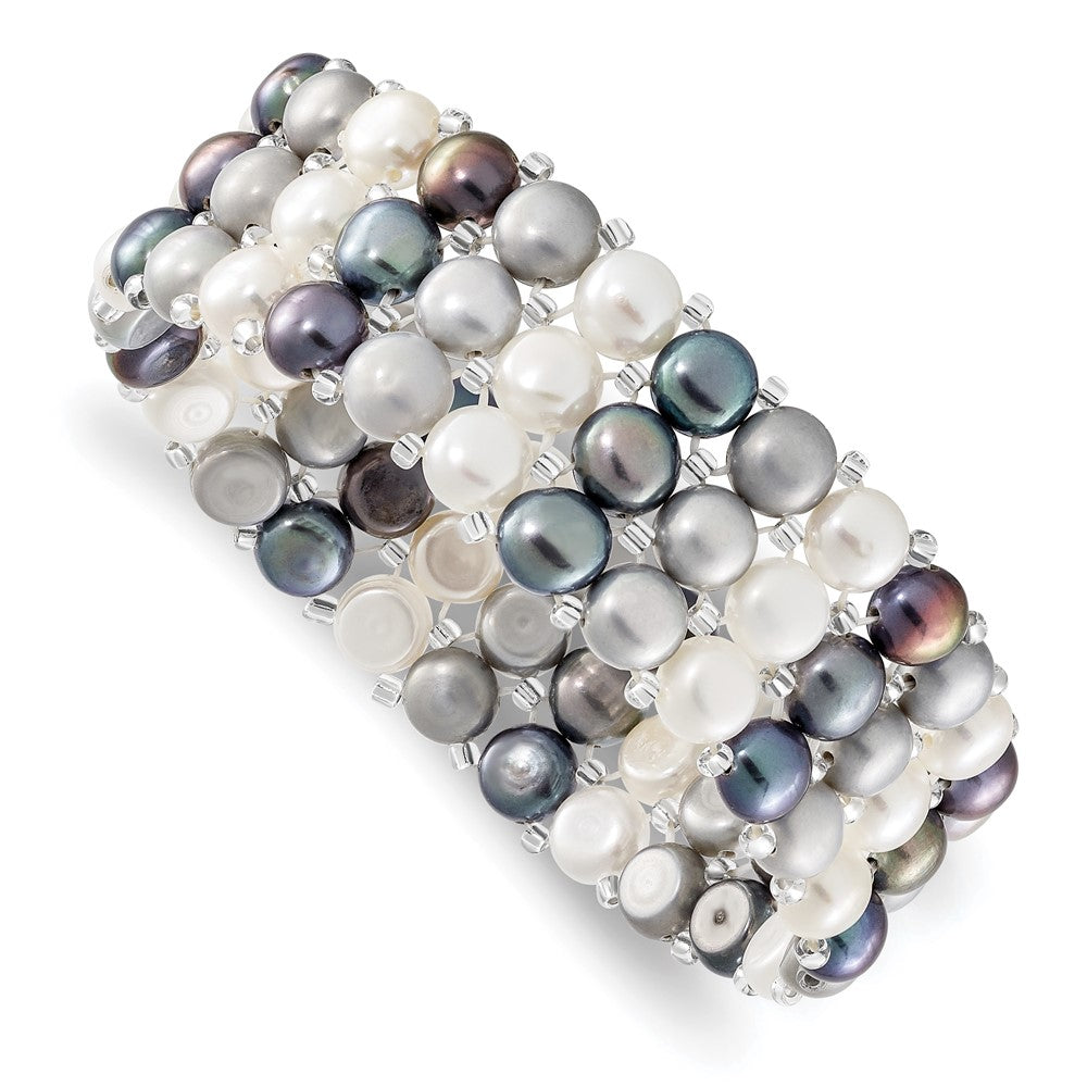 6-7mm Button FWC Pearl and Glass Beaded 3-row Stretch Bracelet