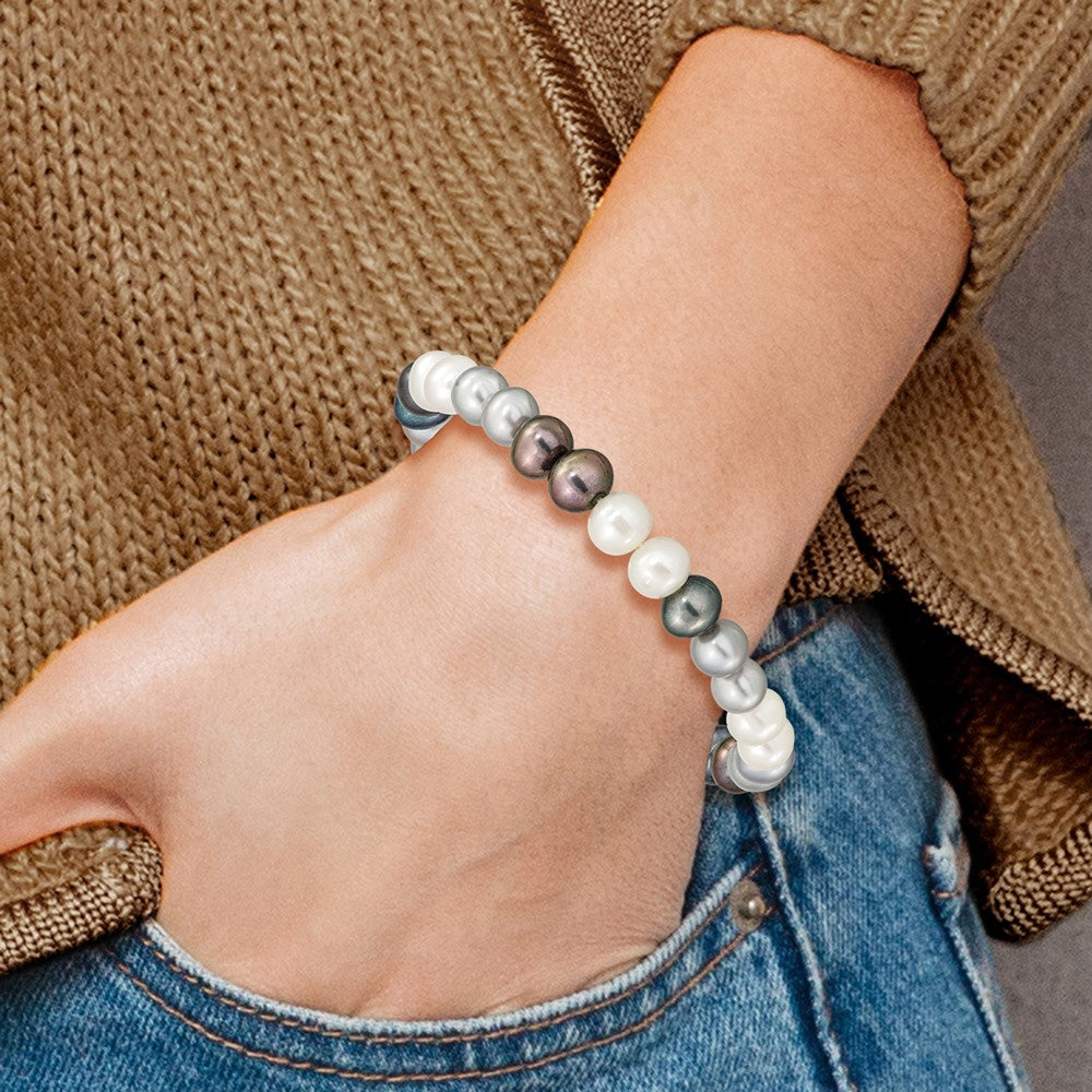 6-7mm Black/Grey/White Semi-round Freshwater Cultured Pearl Stretch Bracel