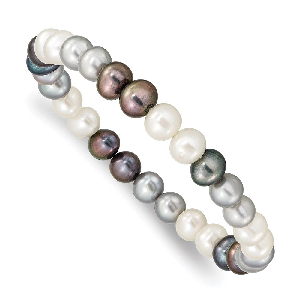 6-7mm Black/Grey/White Semi-round Freshwater Cultured Pearl Stretch Bracel